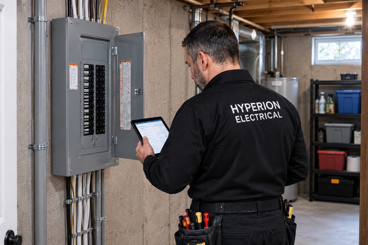 Man inspects breaker panel in the basement of a house.